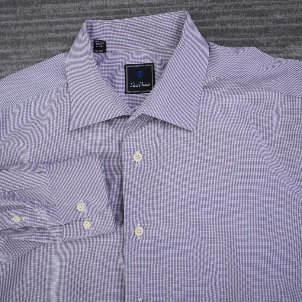 David Donahue Men Purple Micro Check Cotton Dress Shirt 18 34/35